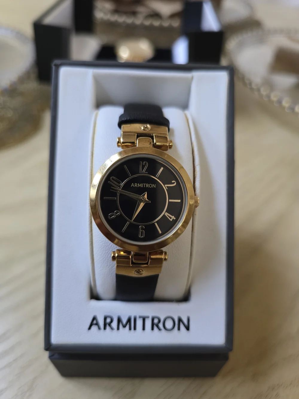 Armitron Gold-Tone Black Dial Leather Strap Watch